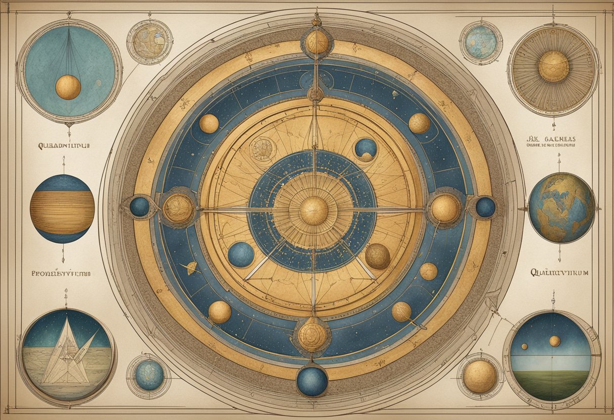 The quadrivium's origins and virtues are depicted through symbolic elements like geometric shapes, celestial bodies, and mathematical symbols in a cosmic setting