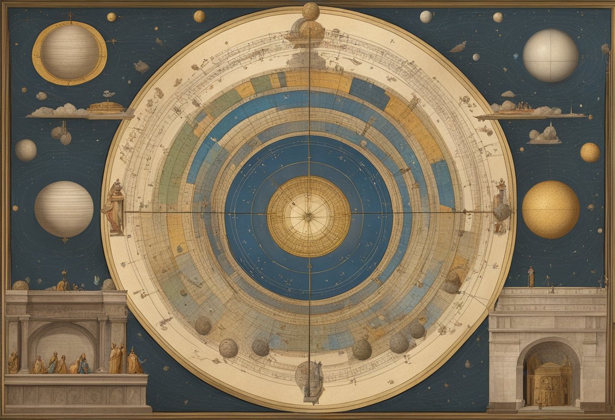 The scene depicts the origins and virtues of the Quadrivium, showing the interconnected disciplines of arithmetic, geometry, music, and astronomy in a harmonious and balanced composition