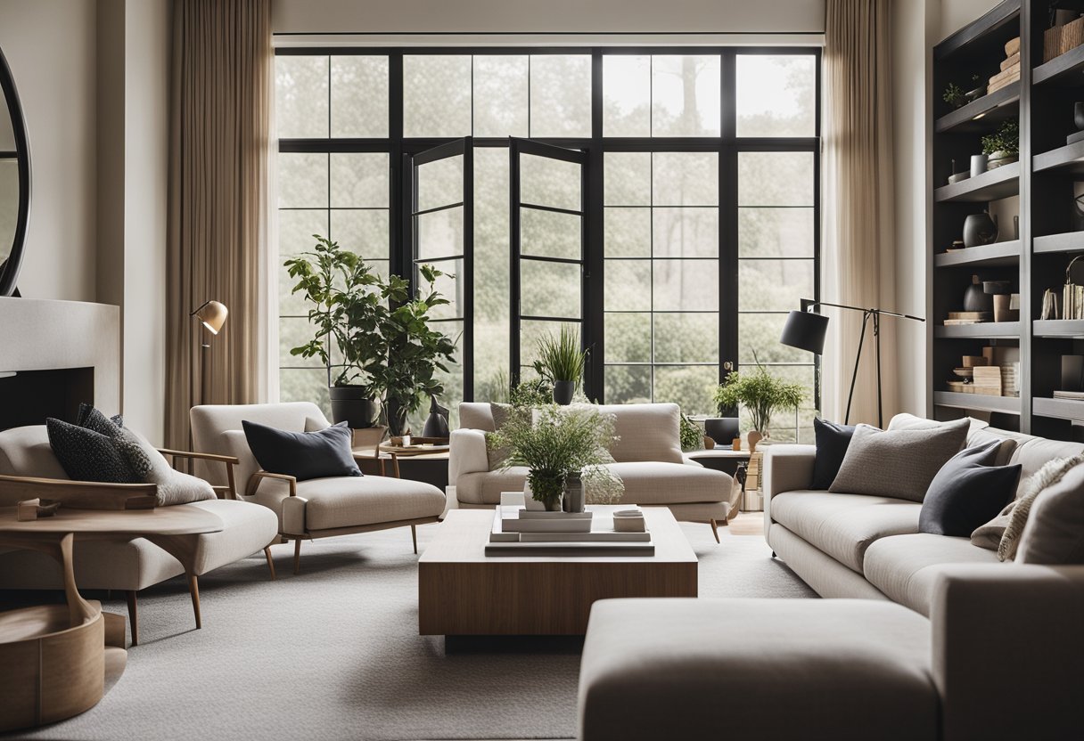 A cozy living room with sleek furniture, neutral colors, and clever storage solutions. A large window lets in natural light, and a few carefully chosen decor pieces add personality to the space