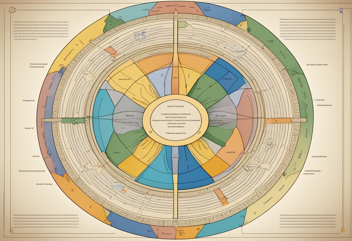 A circular diagram with four interconnected sections, representing the quadrivium and its origins and virtues