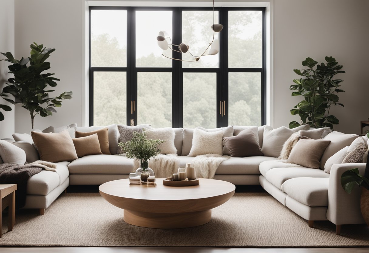 A cozy living room with clean lines, neutral colors, and a variety of textures such as wool, linen, and wood. Simple furniture and minimal decor create a serene and uncluttered space