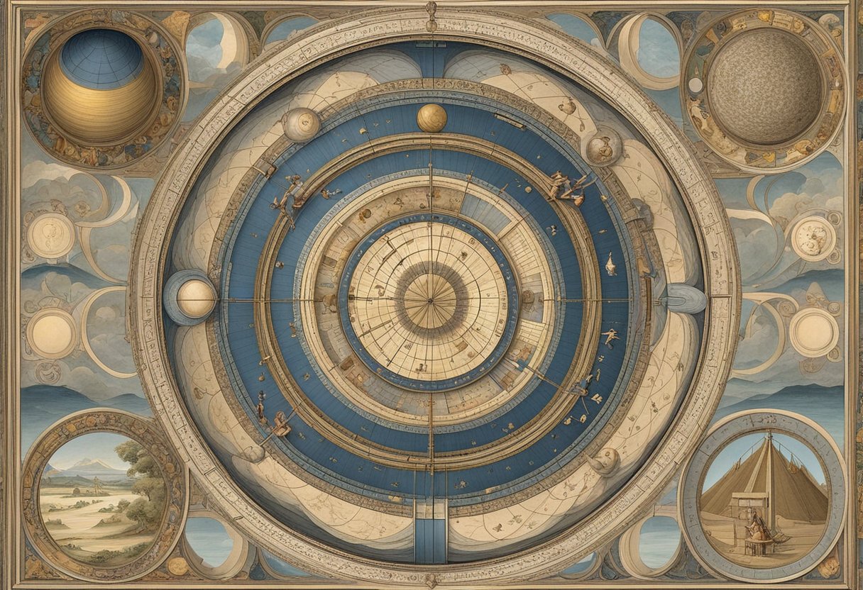 The scene depicts the origins and virtues of the quadrivium, with symbolic representations of arithmetic, geometry, music, and astronomy arranged in a harmonious and balanced composition