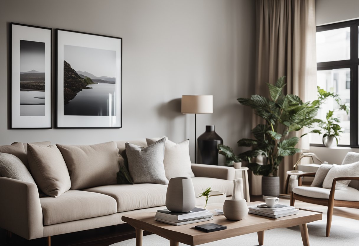 A cozy living room with clean lines, neutral colors, and a few carefully chosen art pieces. A modern sofa, a sleek coffee table, and a large, unadorned wall create a serene and minimalist atmosphere