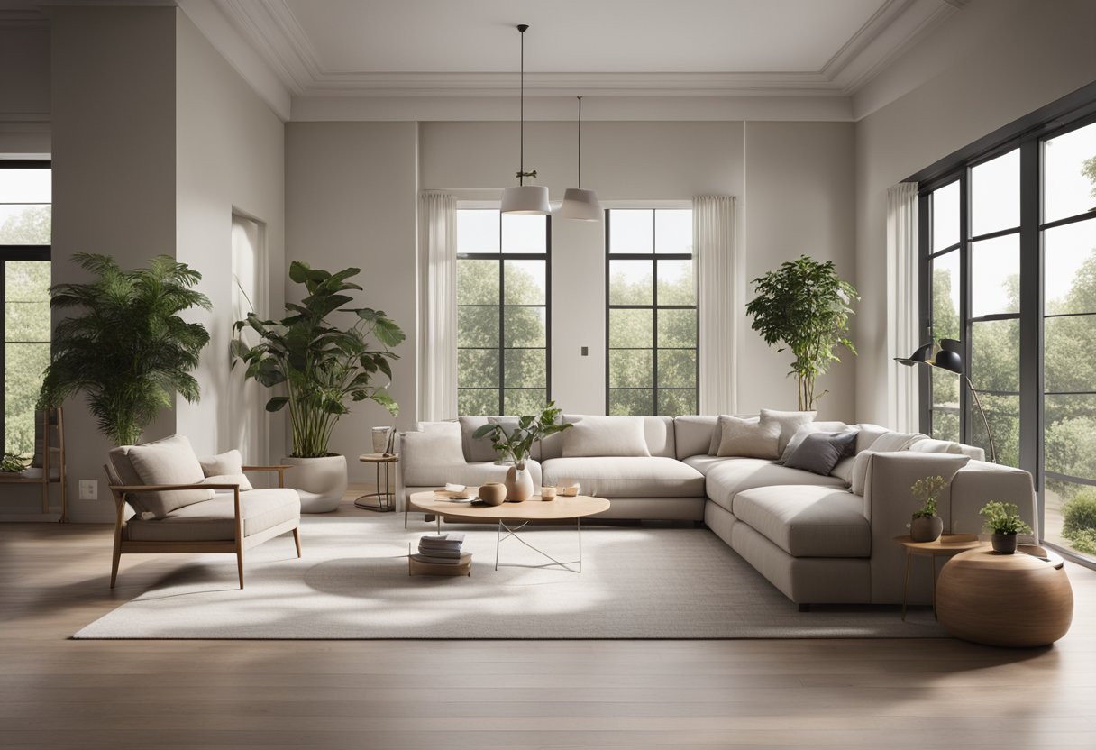 A spacious living room with clean lines and neutral colors. Large windows allow natural light to fill the room, highlighting the minimalist furniture and potted plants scattered throughout the space