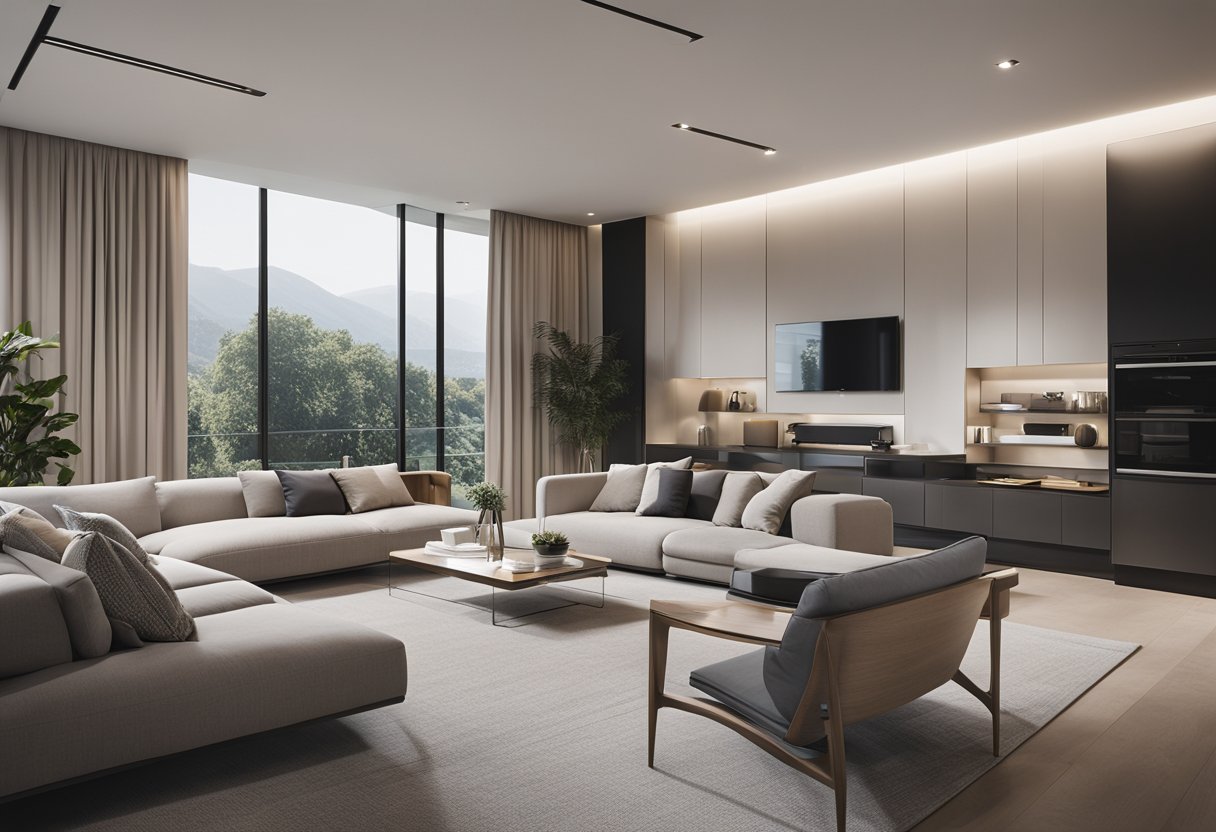 A sleek, modern living room with integrated technology. Clean lines, neutral colors, and uncluttered surfaces create a minimalist space