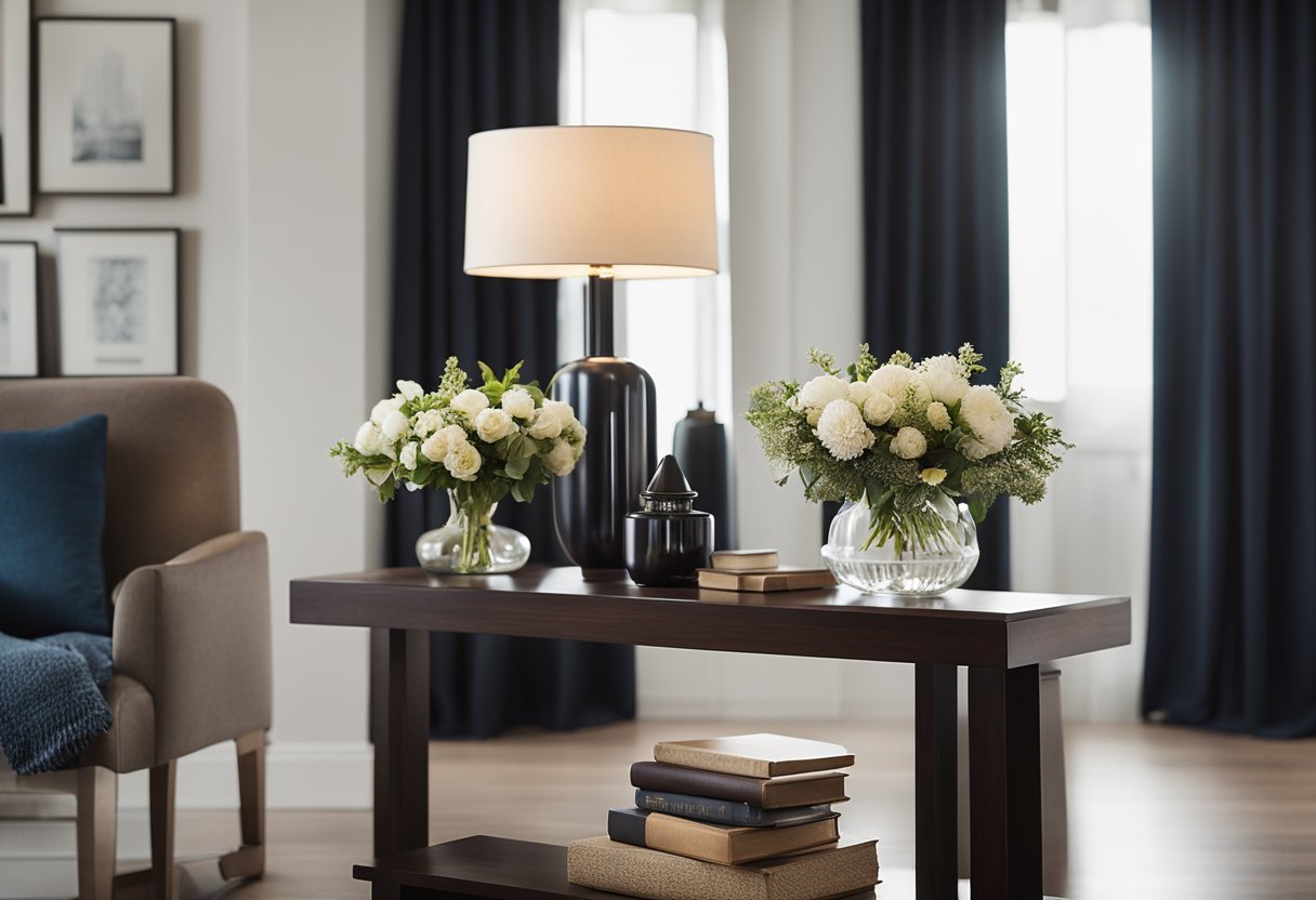 A sofa table sits against a wall, adorned with a vase of fresh flowers, a stack of books, and a decorative lamp. The table is made of dark wood and has clean, straight lines, adding a touch of elegance to the living room