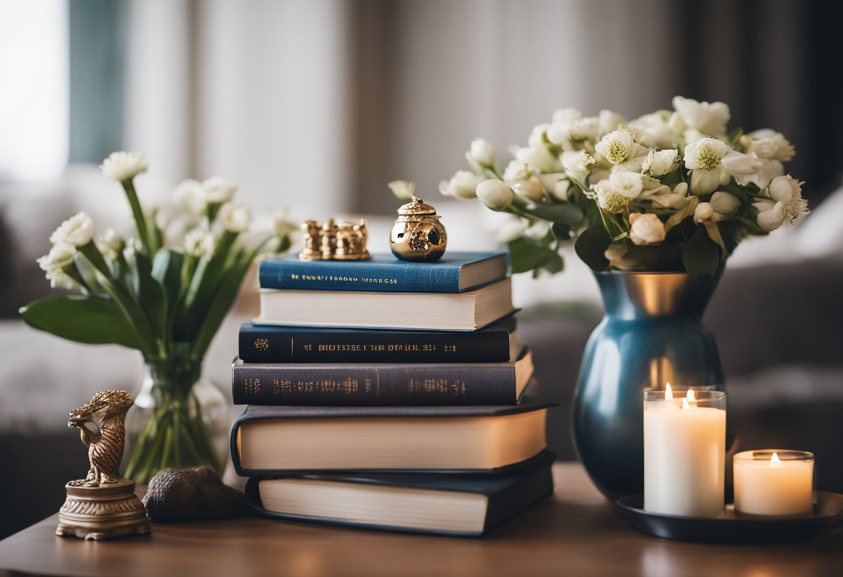 A sofa table adorned with a stack of books, a vase of flowers, and a decorative tray with candles and small sculptures