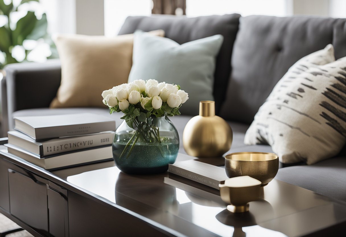A sofa table sits behind a plush couch, adorned with a balanced mix of decorative items and functional pieces. The table is situated against a backdrop of a well-designed living room, with carefully chosen furniture and accessories