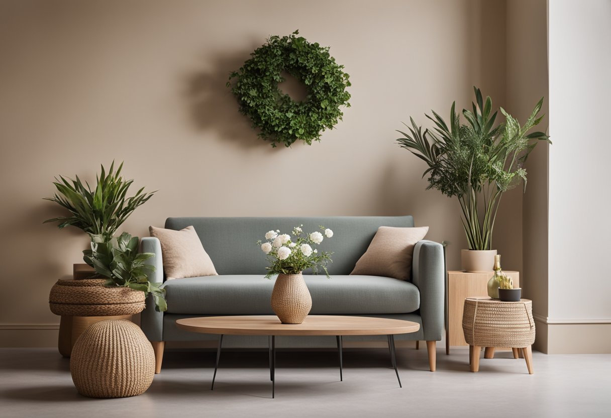 A stylish sofa table sits against a neutral-colored wall, adorned with carefully arranged decorative items and a potted plant. The table is clean and well-maintained, adding a touch of sophistication to the living room