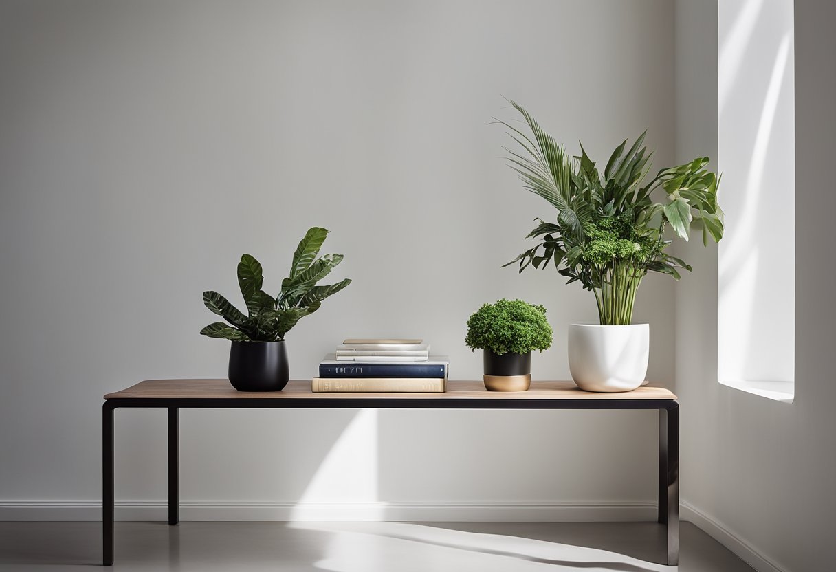 A modern sofa table sits against a white wall, adorned with sleek decor and a potted plant. A stack of books and a decorative tray complete the stylish setup