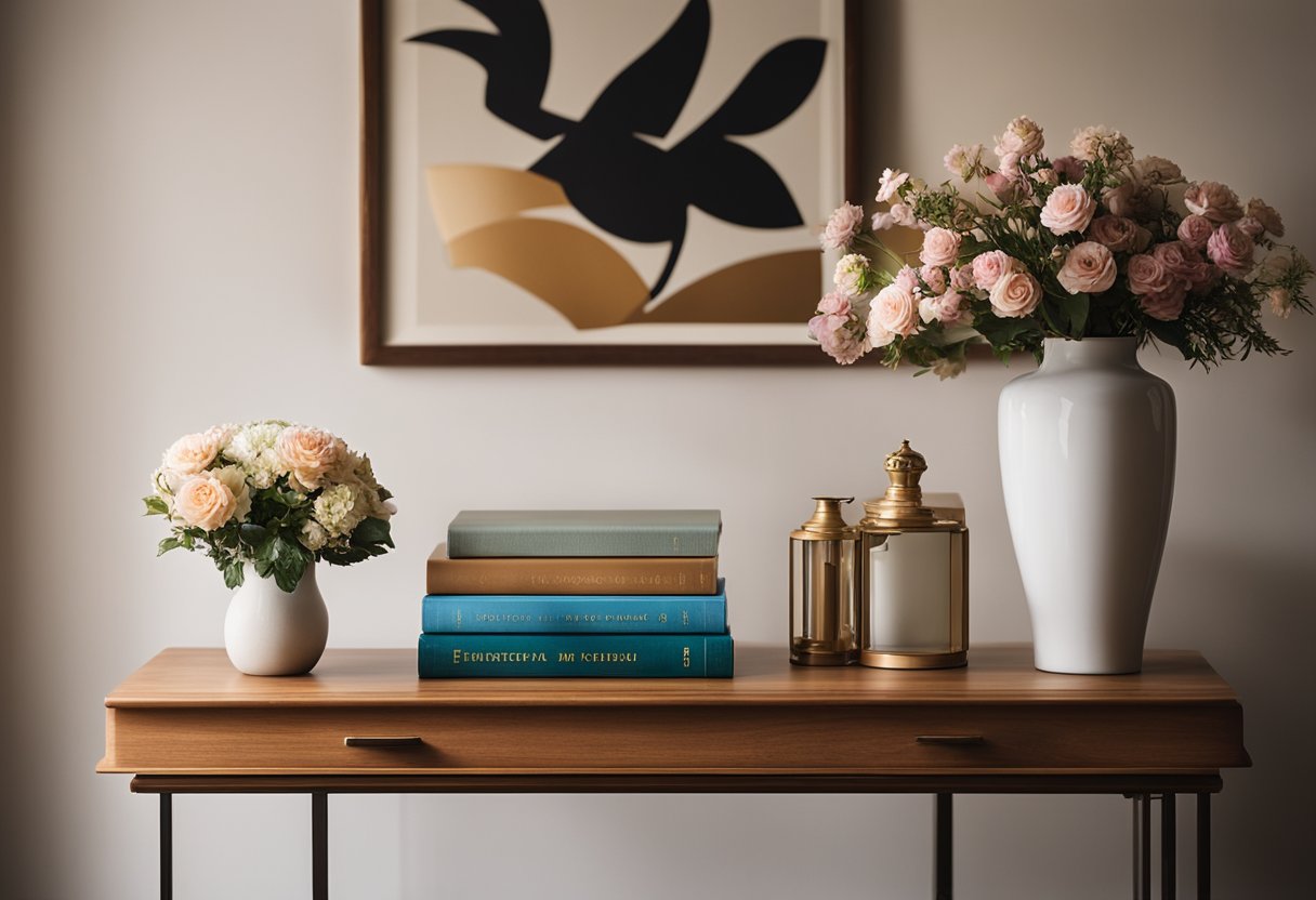 A sofa table stands against a neutral wall, adorned with a stack of books, a decorative tray, and a vase of flowers. A table lamp softly illuminates the space, creating a cozy and inviting atmosphere