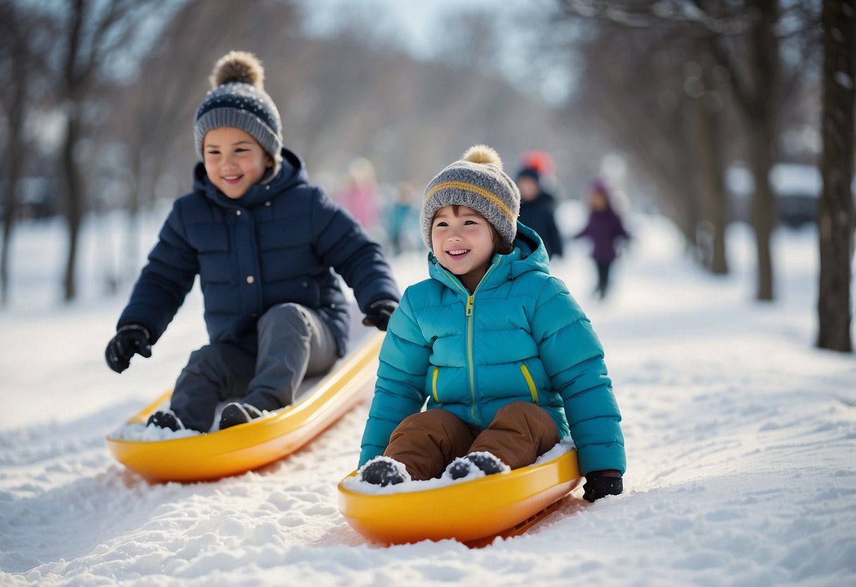 Children sledding, building snowmen, and having a snowball fight in a snowy park