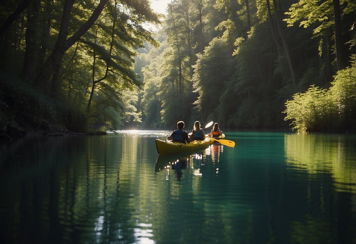 Teens kayak on a serene lake, surrounded by lush green trees. Others hike through a sun-dappled forest, while some rock climb on rugged cliffs