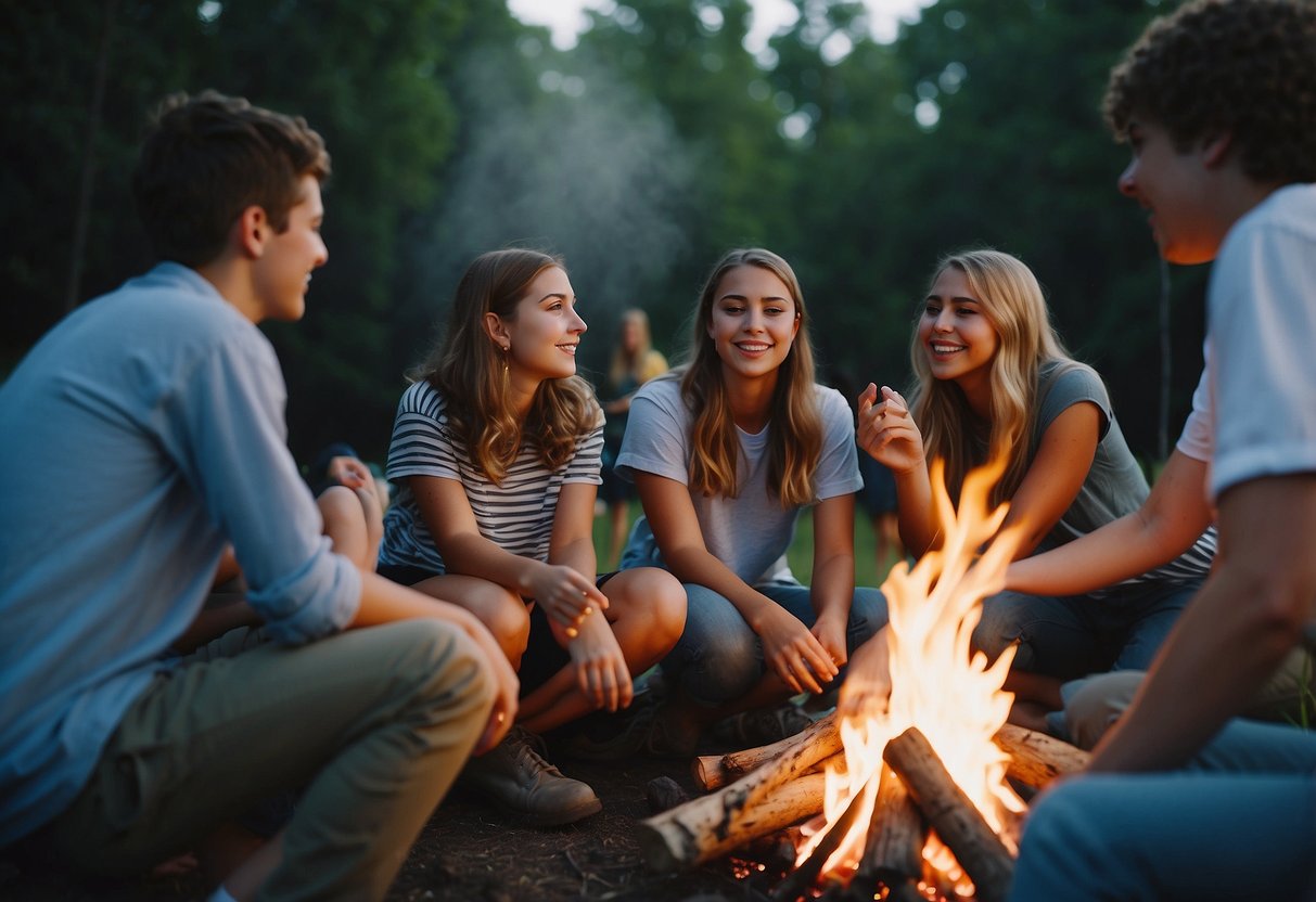 Teens playing outdoor games, chatting, and enjoying a bonfire at a summer camp