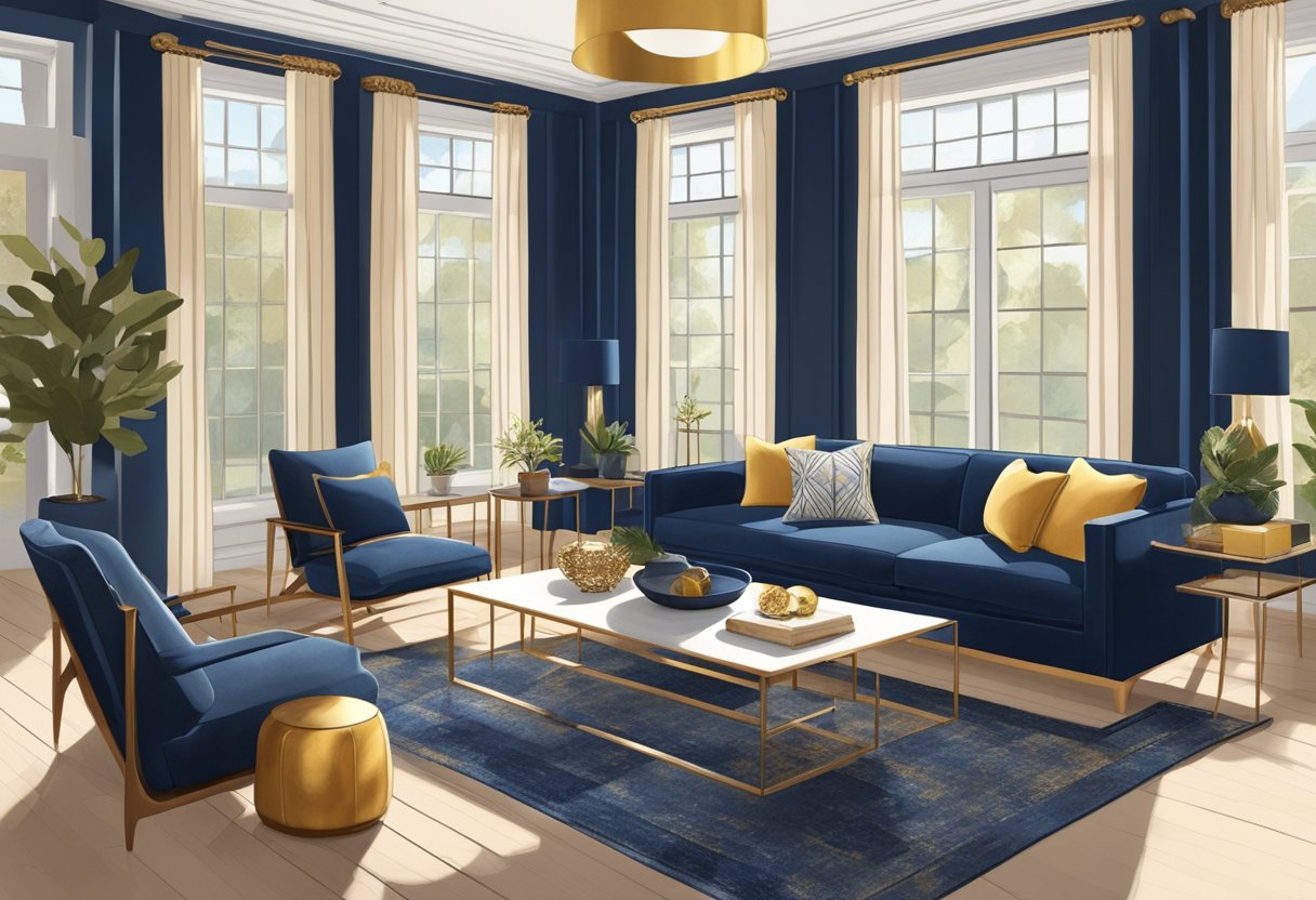 A cozy living room with warm earthy tones, pops of deep blue, and accents of gold. Large windows let in natural light, highlighting the elegant color scheme. Comfortable seating and modern decor complete the inviting space