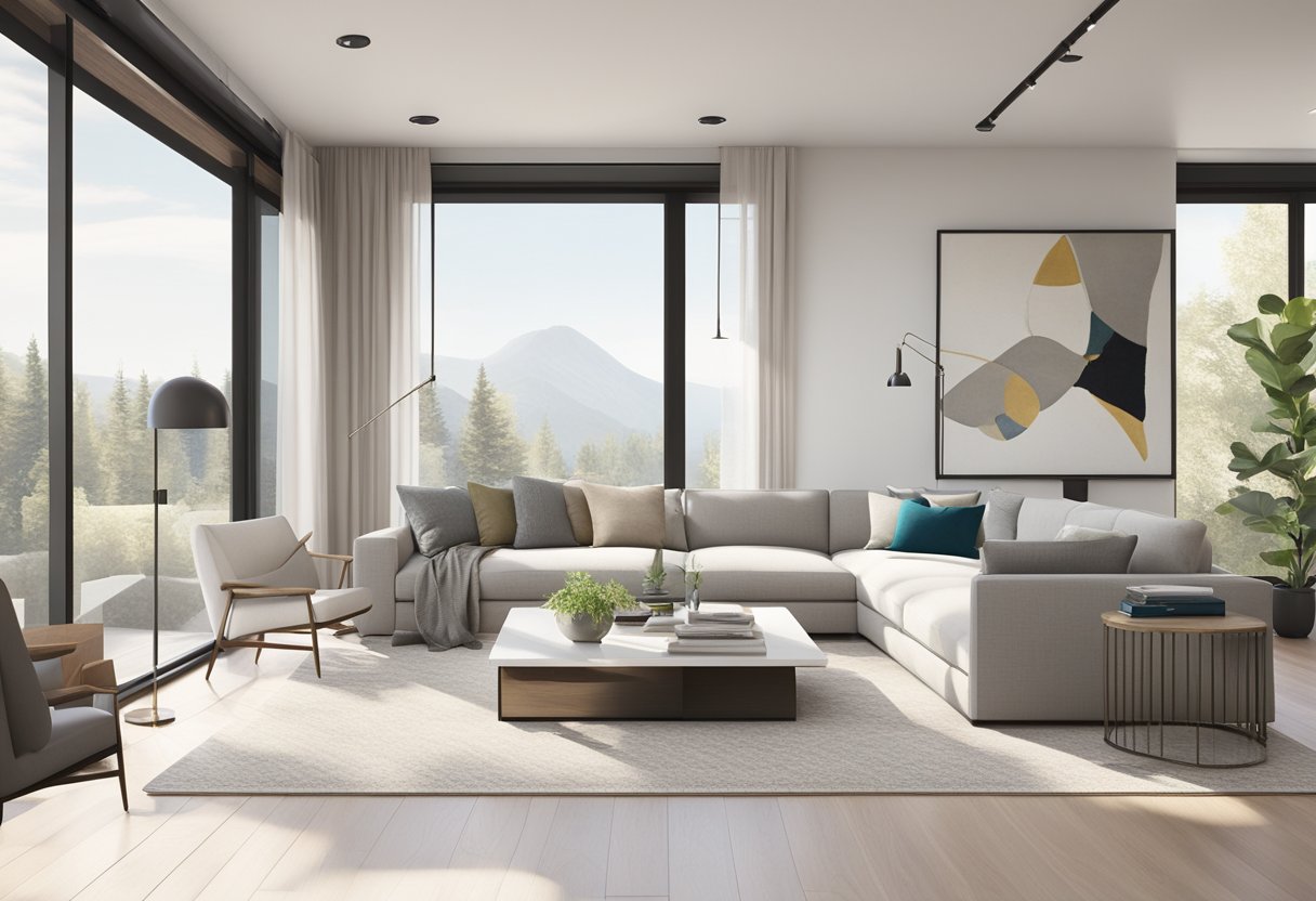 A modern, minimalist living room with sleek furniture, soft neutral colors, and a pop of vibrant accent pieces. A large, statement rug anchors the space, while natural light floods in through floor-to-ceiling windows