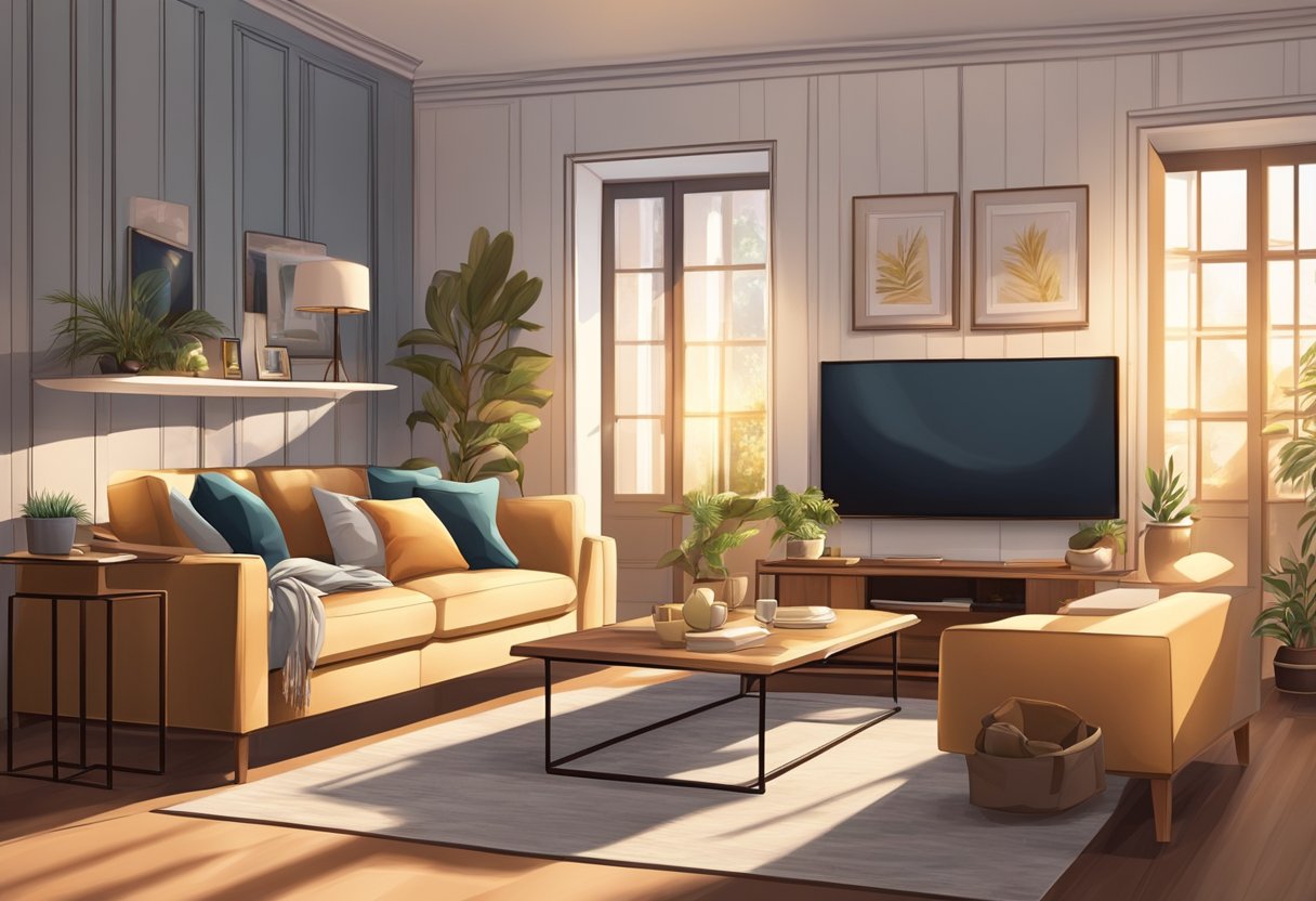 A cozy living room with warm, indirect lighting, casting soft shadows on stylish furniture and decor, creating an inviting and sophisticated atmosphere