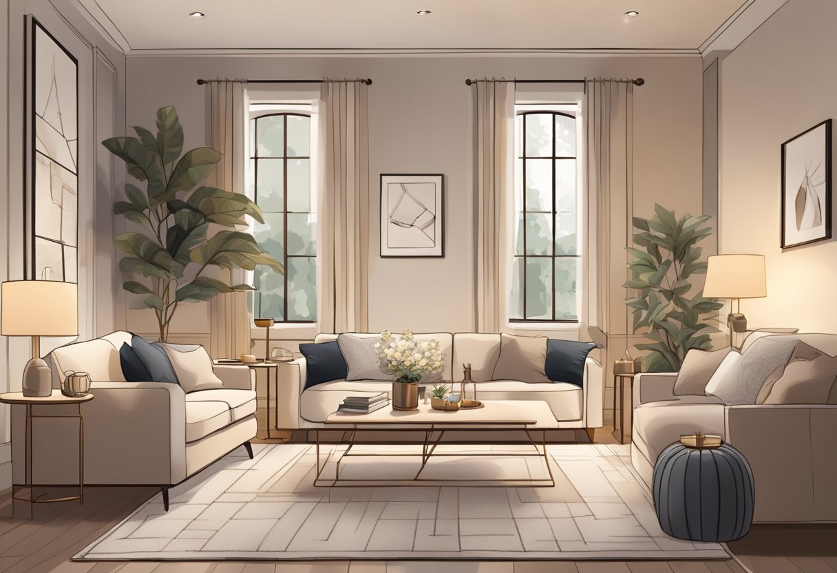 A cozy living room with a plush sofa, elegant coffee table, and stylish decor. Soft lighting and a neutral color palette create a warm and inviting atmosphere