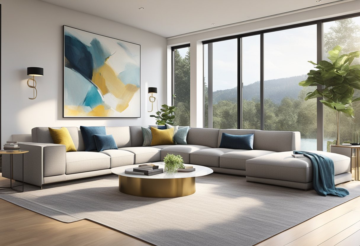 A modern living room with a sleek sectional sofa, a statement coffee table, and a large abstract art piece on the wall. Floor-to-ceiling windows flood the space with natural light, creating a bright and inviting atmosphere