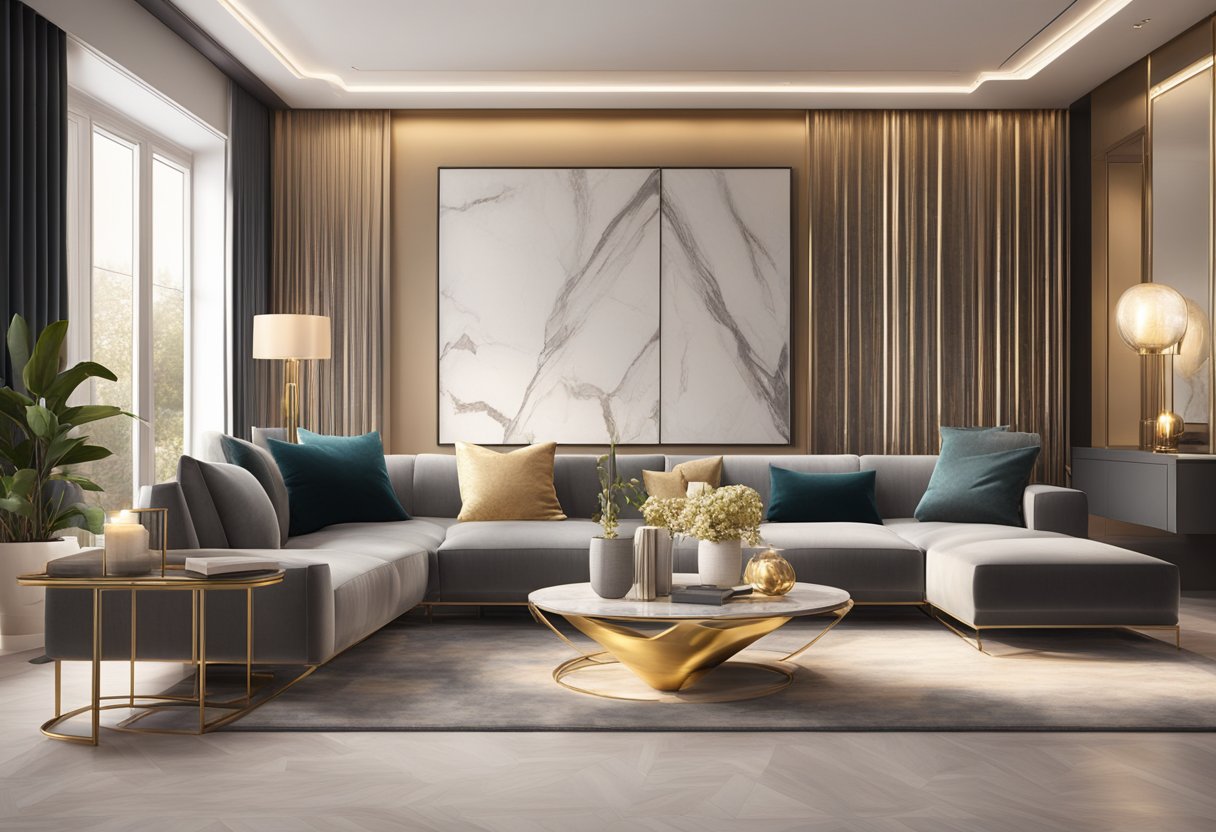 A sleek, modern living room with metallic accents, marble surfaces, and plush velvet furniture, bathed in soft, warm lighting