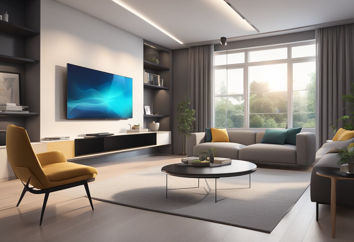 A sleek, modern living room with integrated technology, featuring a large wall-mounted flat-screen TV, smart lighting, and a minimalist, yet inviting, aesthetic