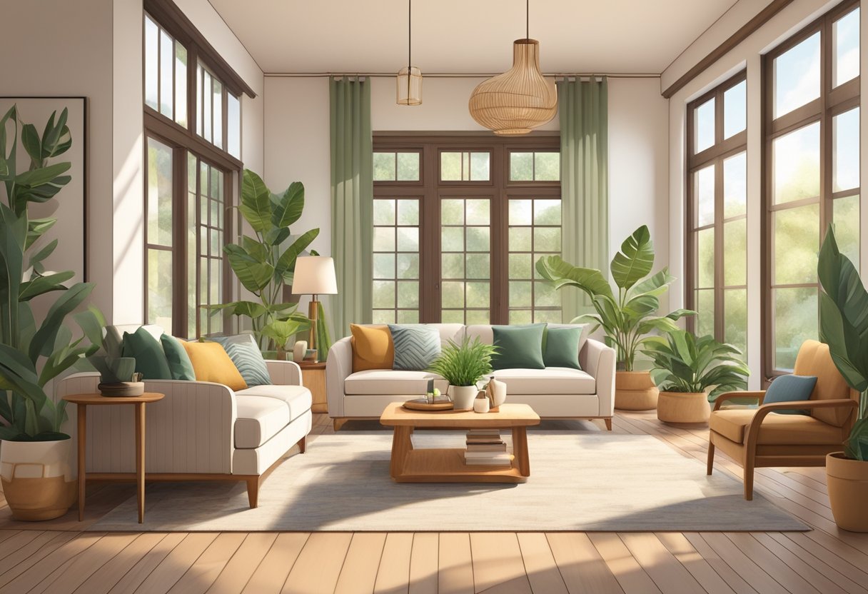 A sunlit living room with large windows, lush indoor plants, natural wood furniture, and earthy color palette creates a serene and inviting atmosphere
