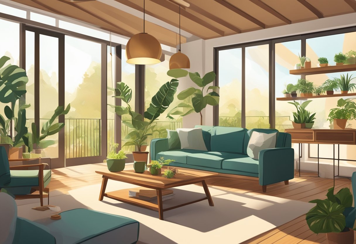 A sunlit living room with eco-friendly furniture, potted plants, and natural materials. Recycled decor and energy-efficient lighting create a sustainable, inviting atmosphere