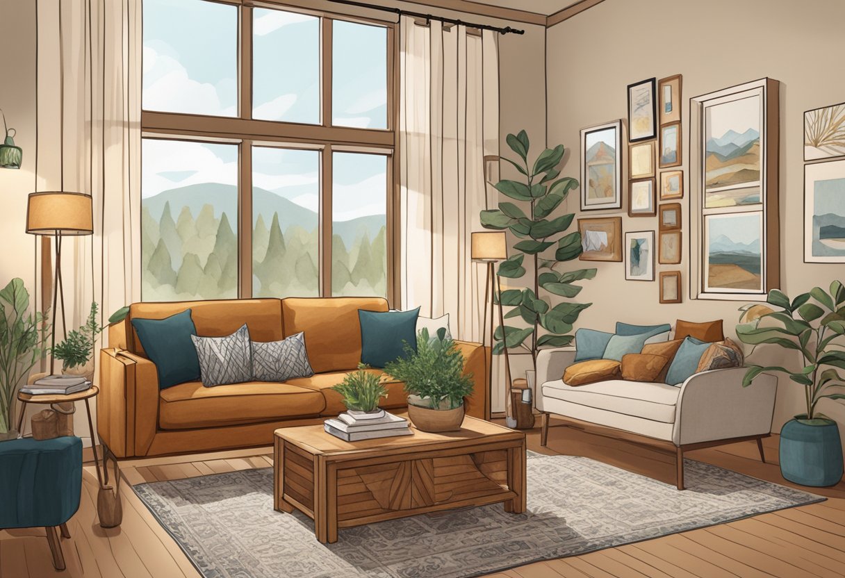 A cozy living room with warm, earthy tones, filled with handmade decor and furniture. Large windows let in natural light, highlighting the intricate details of the DIY projects