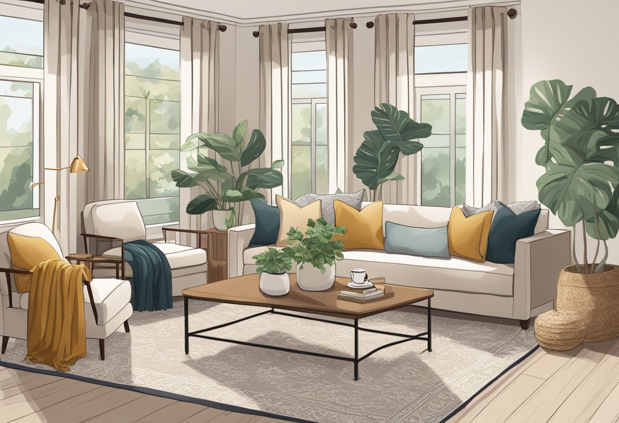 A cozy living room with plush, neutral-toned furniture, soft throw blankets, and an array of decorative pillows. A large, elegant rug anchors the space, while a stylish coffee table and a variety of potted plants add a touch of natural beauty