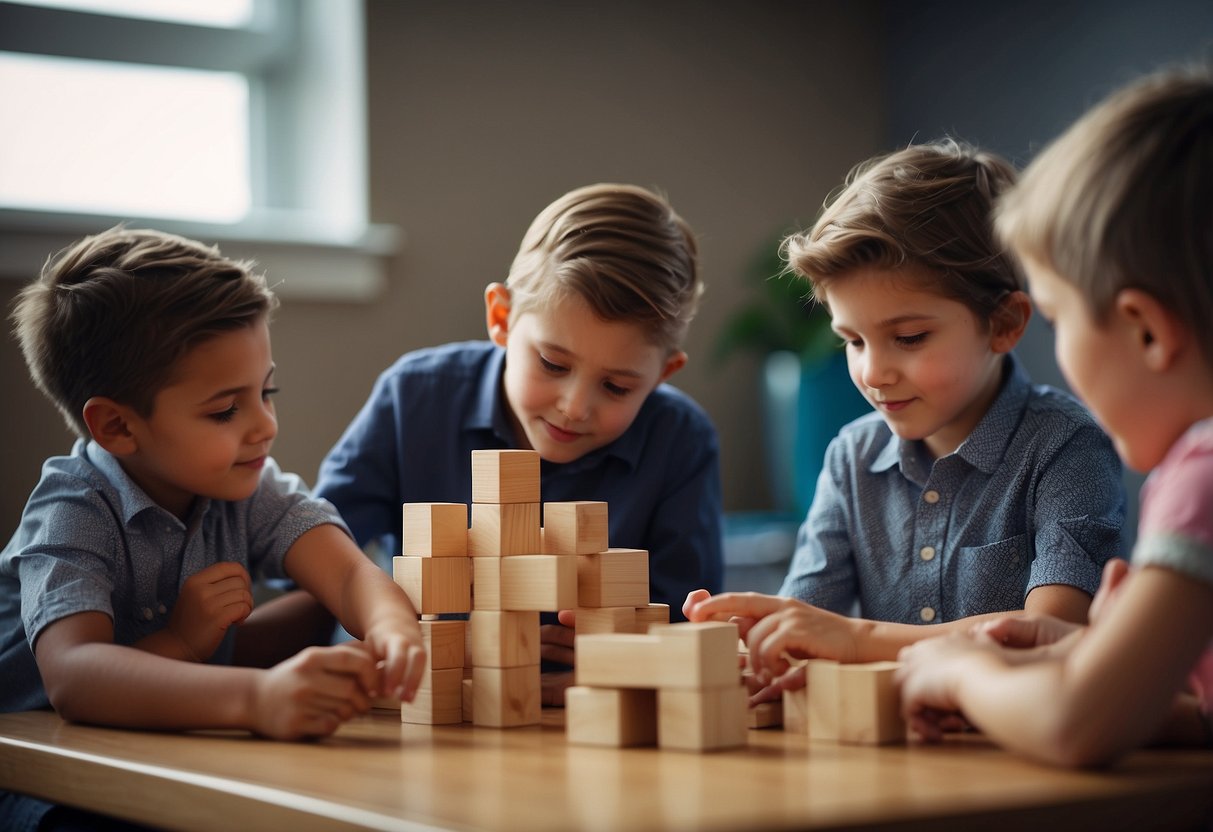 Children work together to solve a problem, using teamwork and communication. They build a structure with blocks or complete a group challenge