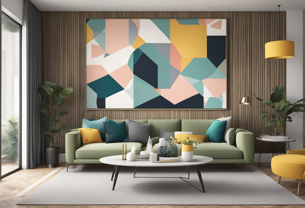 A modern living room with abstract geometric wall art, featuring bold colors and clean lines. A large statement piece anchors the room, while smaller pieces add visual interest