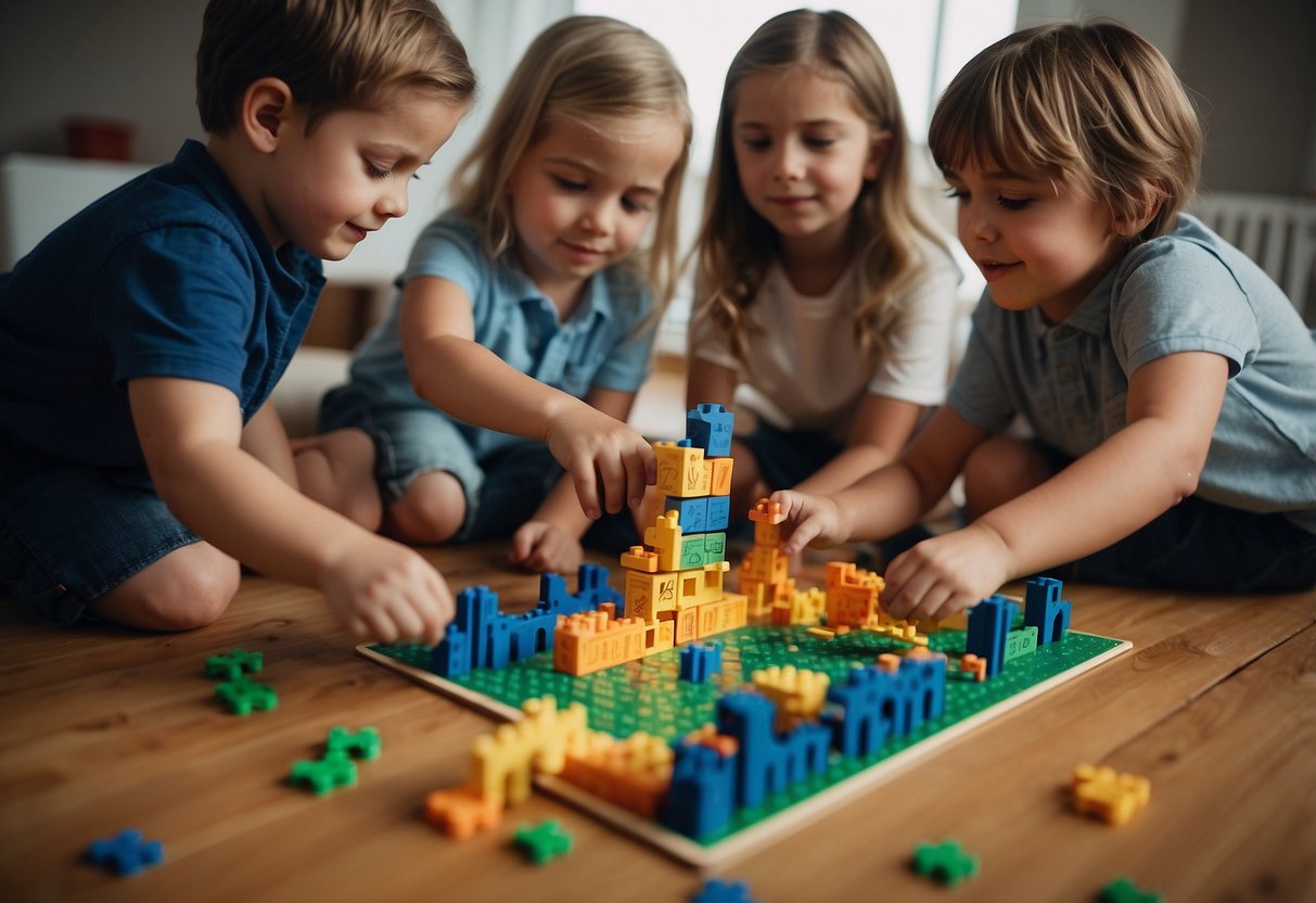 Children working together to solve a puzzle, building a tower with blocks, and playing a cooperative game