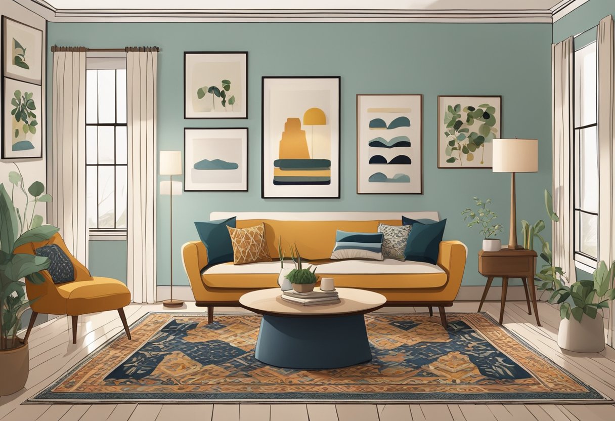 A cozy living room with a mix of traditional and modern decor. A patterned rug, vintage furniture, and unique wall art create a warm and inviting atmosphere
