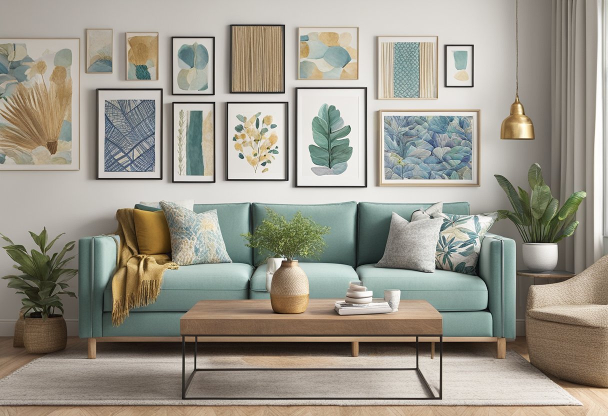 A living room wall adorned with handmade art, including framed prints, macrame wall hangings, and DIY painted canvases. Various textures and colors create a visually appealing display
