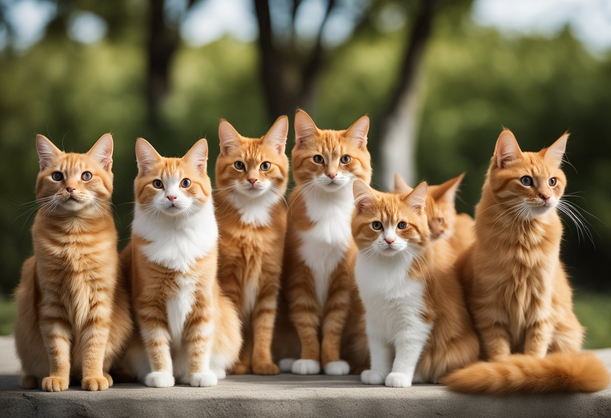 10 orange cats of various breeds sit together, each displaying unique features. Their fur ranges from pale ginger to deep tangerine, creating a vibrant display