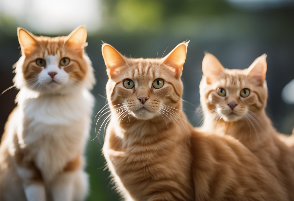 An array of 10 distinct orange cat breeds, each with unique physical features and personalities, are gathered together in a playful and curious manner