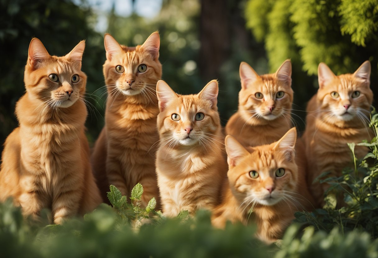 Ten rare orange cat breeds gathered in a lush garden, basking in the warm sunlight, each displaying their unique coat patterns and vibrant orange fur