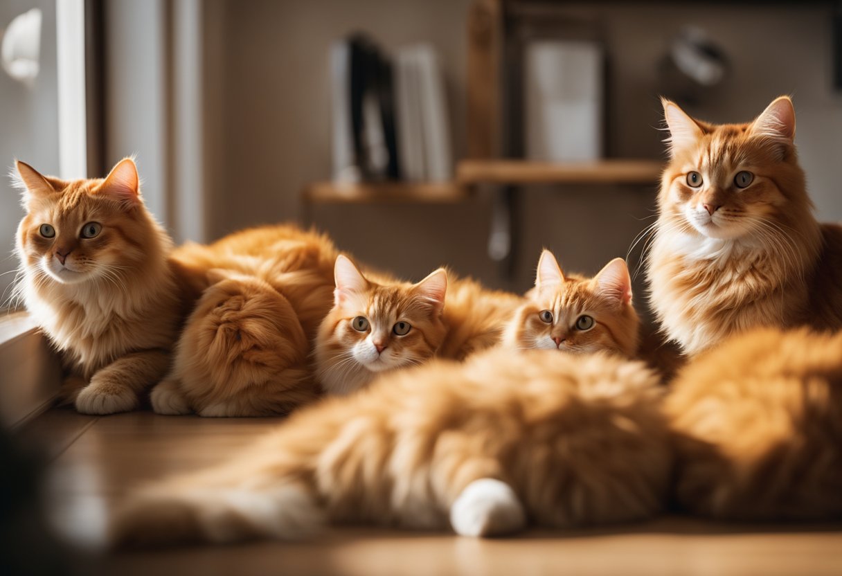 An array of orange cats with various fur lengths and patterns, lounging, playing, and grooming in a sunlit room