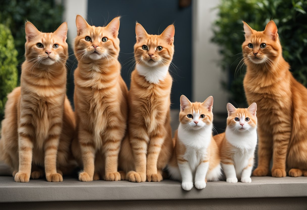 A group of 10 orange cats with varying shades of fur, sitting or standing together, showcasing the diversity in their genetics and breed characteristics