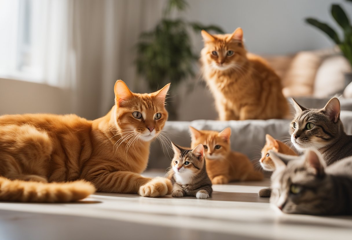 Ten orange cats of various breeds lounging in a sunny room, playing with toys, and being groomed by their owners. Each cat appears healthy and vibrant, showcasing the diverse characteristics of their breed