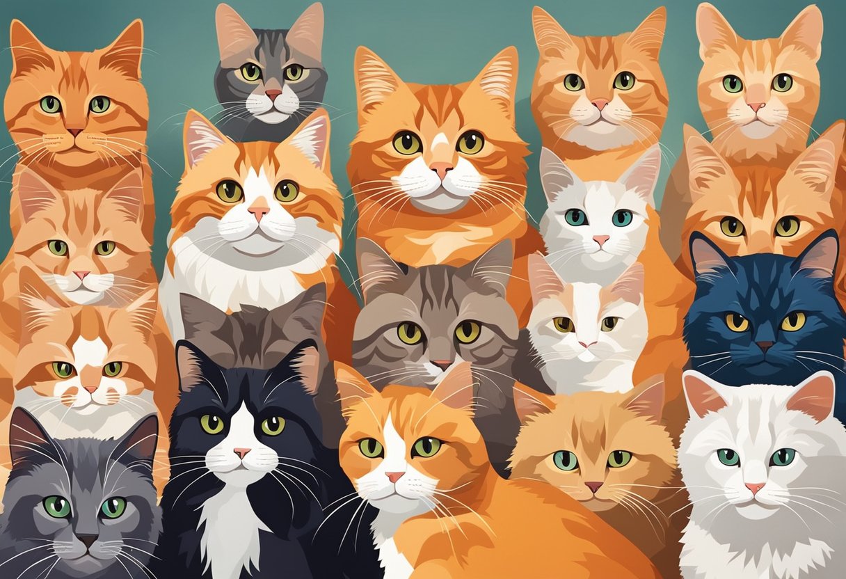 An array of 10 different orange cat breeds, each with their own unique care requirements, are depicted in a colorful and vibrant illustration