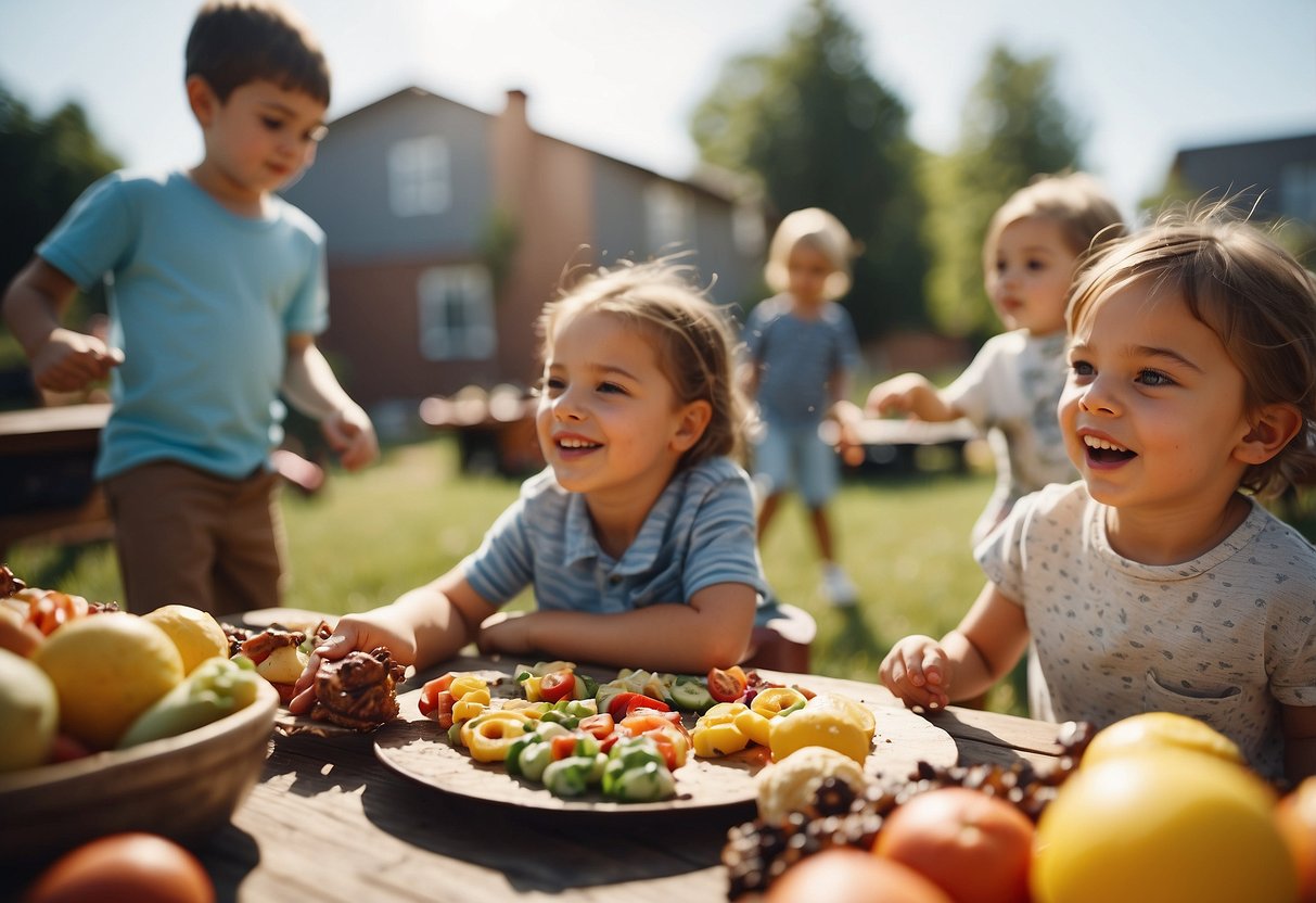 Children playing games, running around, and eating at a BBQ with colorful decorations and a sunny sky