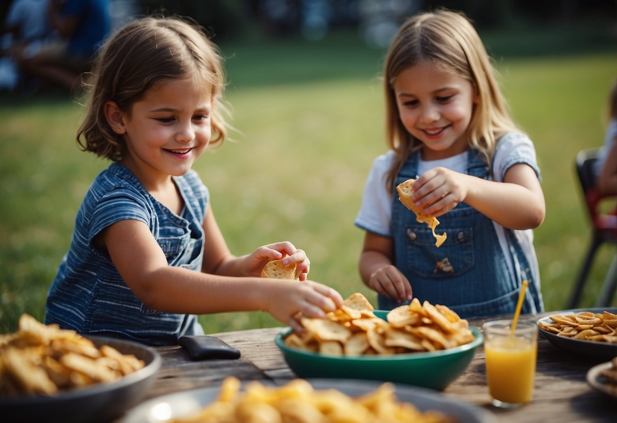 Children playing games, eating snacks, and making crafts at a backyard BBQ