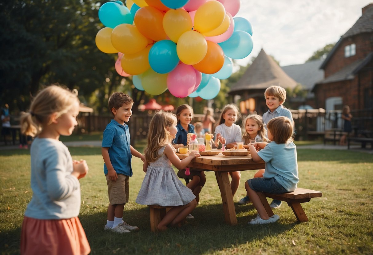 Children playing games, colorful decorations, BBQ grill, picnic tables, balloons, and streamers