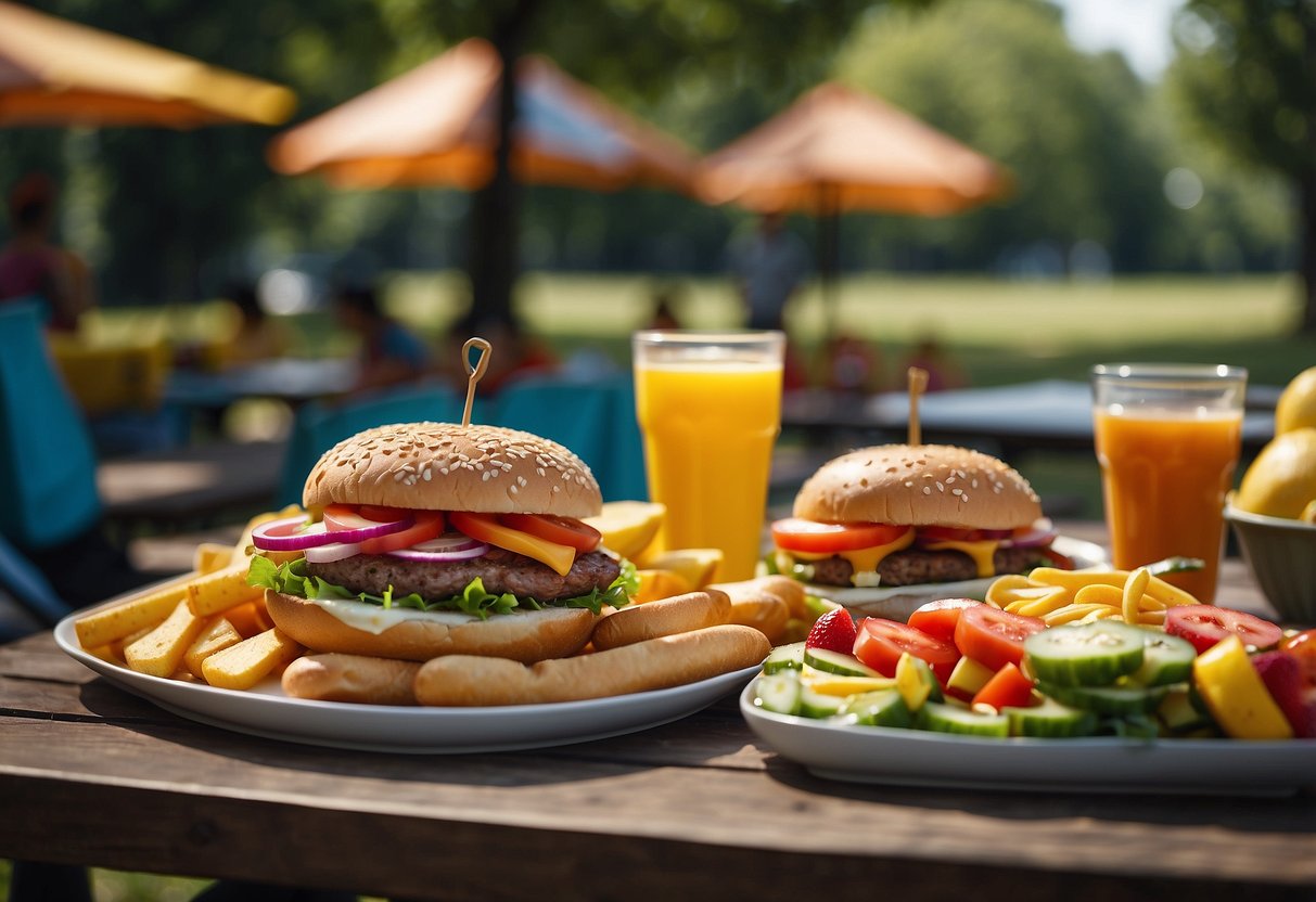 A colorful picnic table spread with burgers, hot dogs, and fruit. Children play games while adults chat and grill