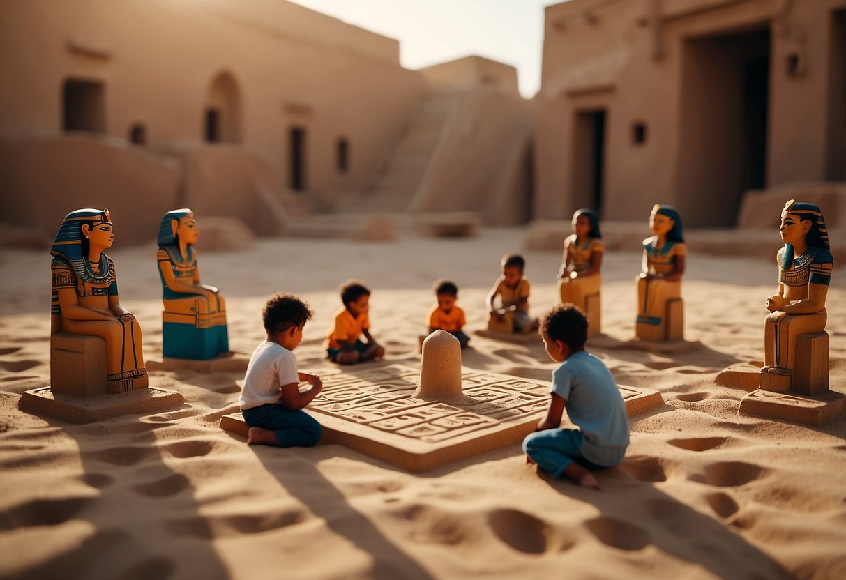 Children playing traditional Egyptian games in a sandy courtyard with hieroglyphics on the walls. A group of kids are seen playing a game of Senet, while others are making clay figurines