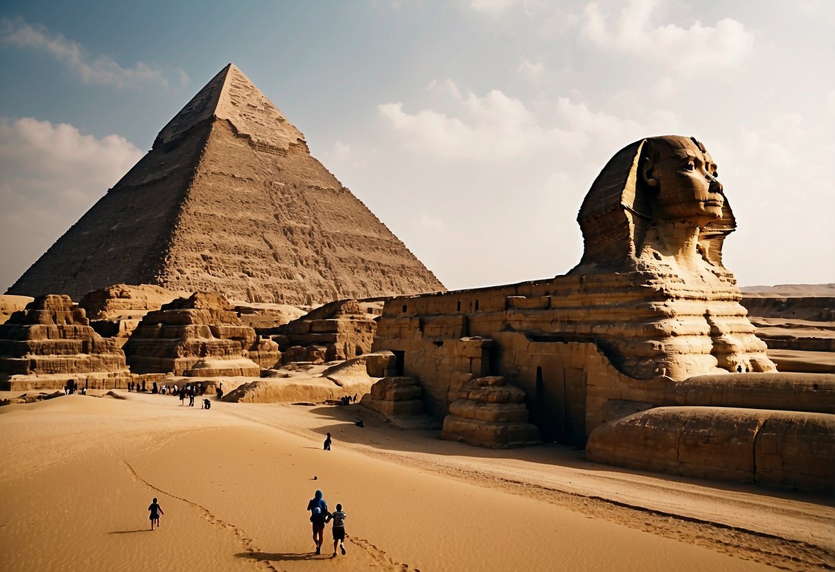 The Great Pyramid of Giza looms in the desert. Children play near the Sphinx, while a felucca sails along the Nile