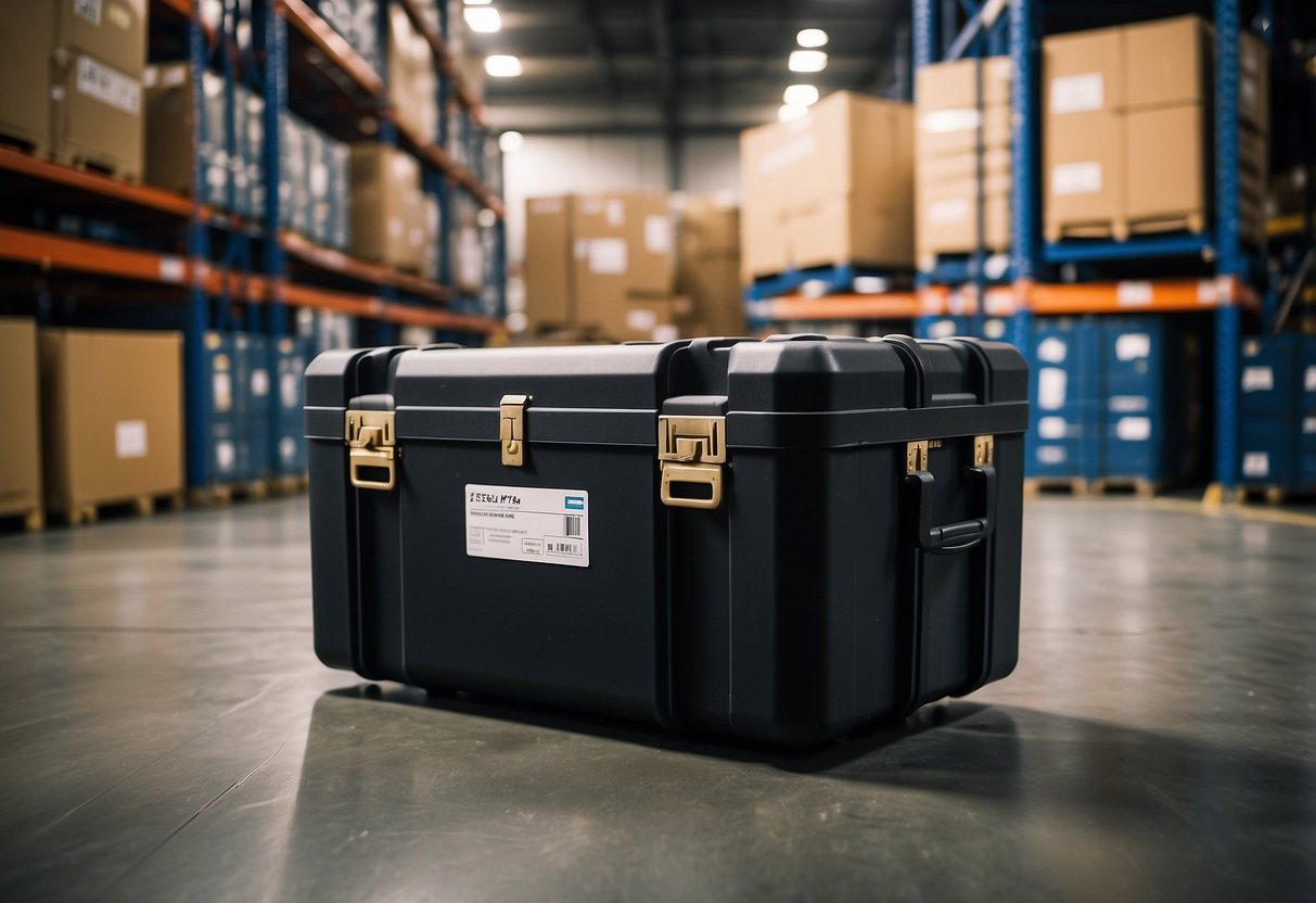 The 278 Expo II Heavy-Duty Molded Shipping Case - A sturdy, black molded shipping case sits on a warehouse floor, with heavy-duty latches and reinforced corners. 
