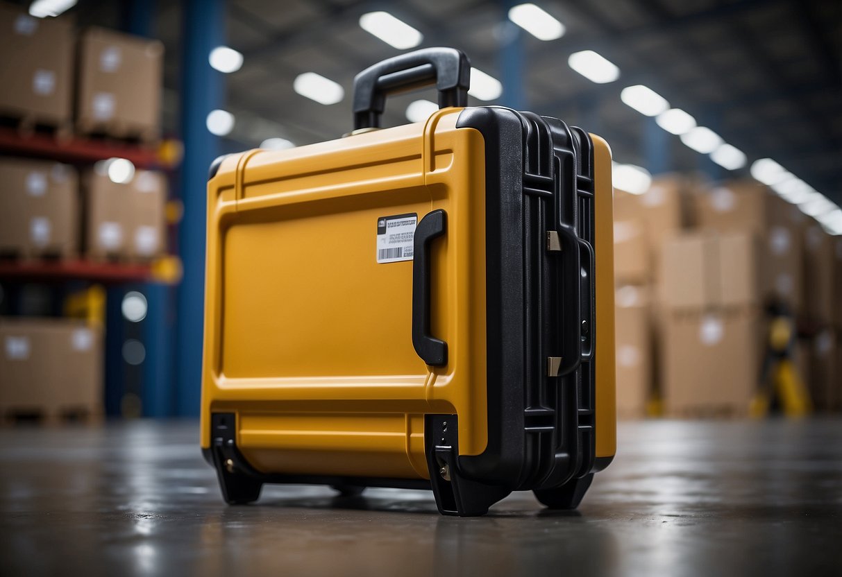 A heavy-duty molded shipping case, with durable construction and secure latches, sits on a warehouse floor surrounded by other shipping supplies
