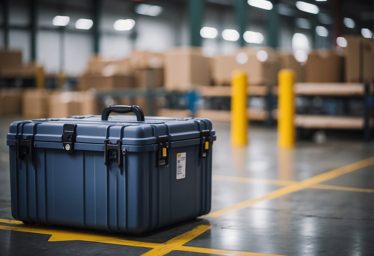 The heavy-duty shipping case sits on a warehouse floor, surrounded by other industrial equipment. It is made of durable molded material and features secure latches and reinforced corners for maximum protection